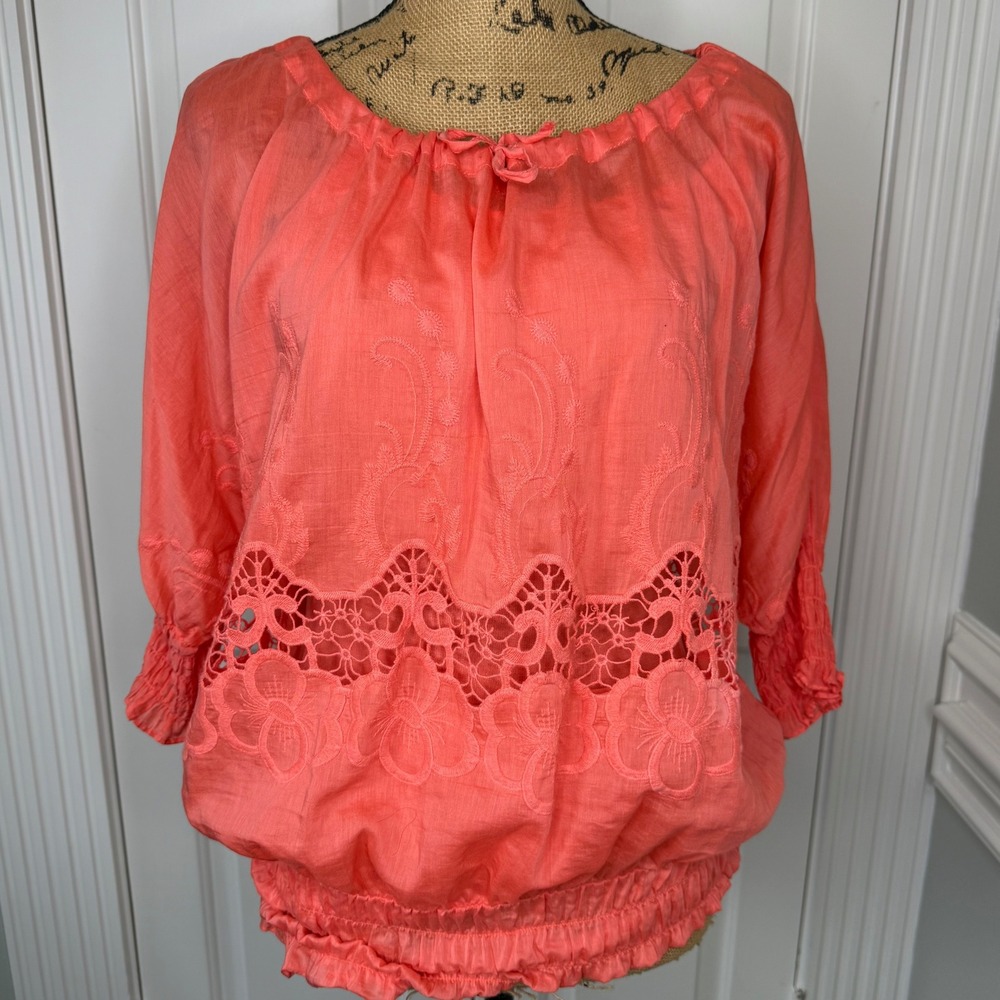 V Cristina Coral Embroidered Peasant Blouse Top Women's Size S EUC